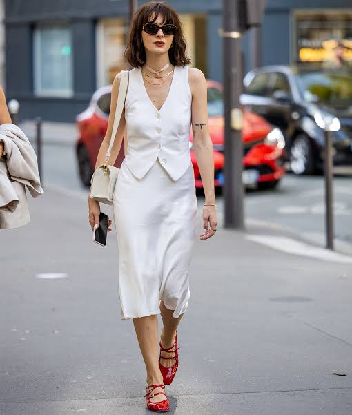 Chic White Satin Waistcoat and Slip Dress Set — Outfit Trends 2027