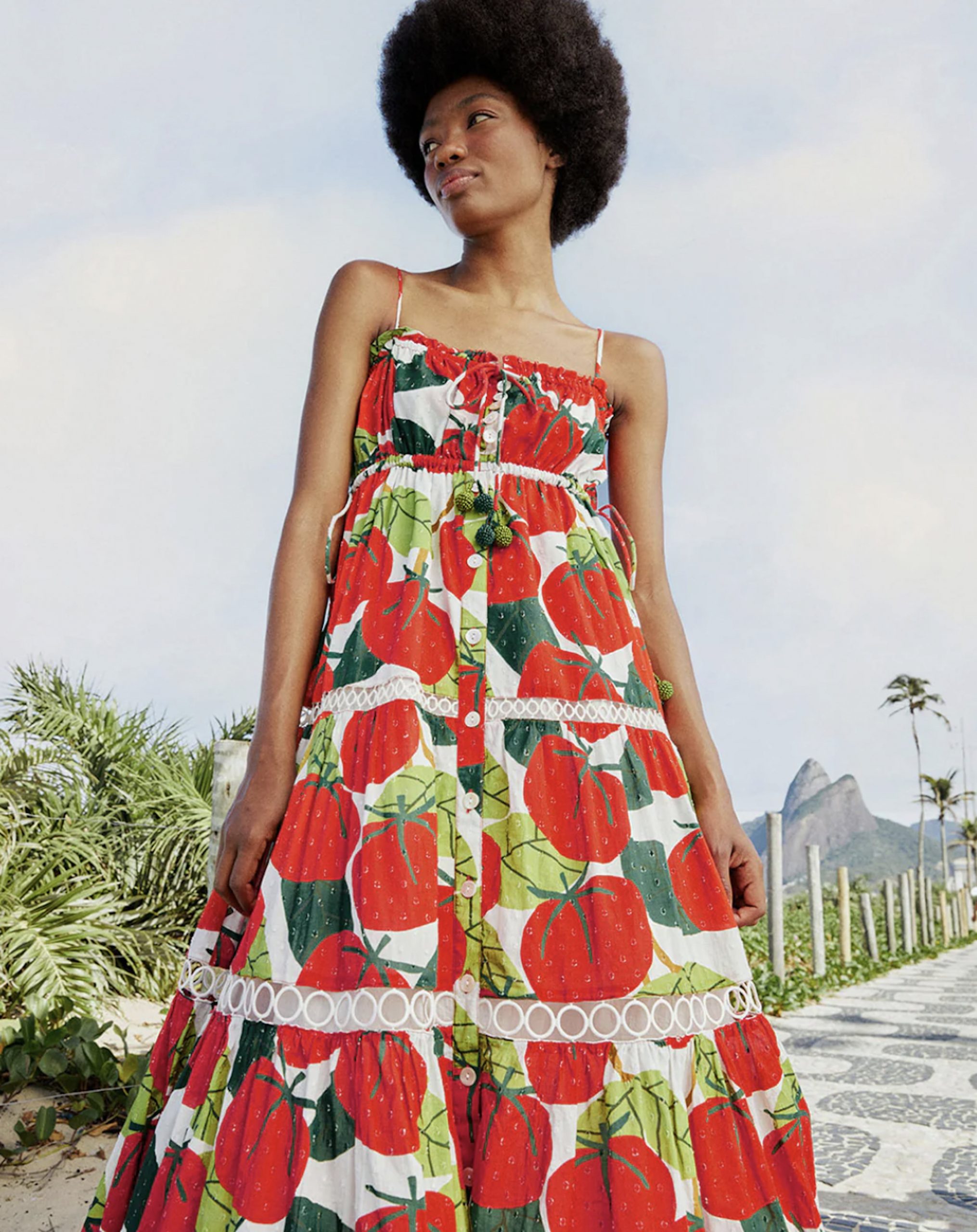 Maxi Dress with Bold Tomato Print and Pom-Pom Trim — Tomato Girl Outfits 2027