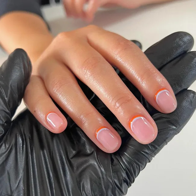 Glossy Orange and White Double French Oval — Short Double French Tip Nails 2027