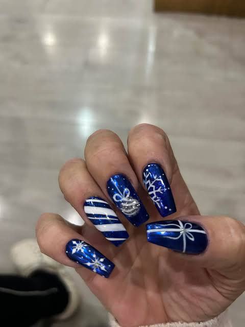 Metallic Blue Coffin Starbursts and Bells Metallic Blue Coffin Starbursts and Bells — Blue Christmas Nails 2026