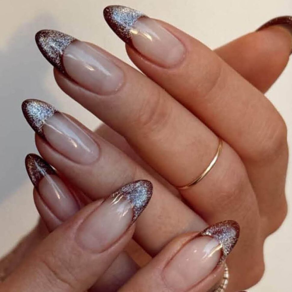 Bronze Glitter French Almond Nails Bronze Glitter French Almond Nails — Medium Length Winter Nails 2027