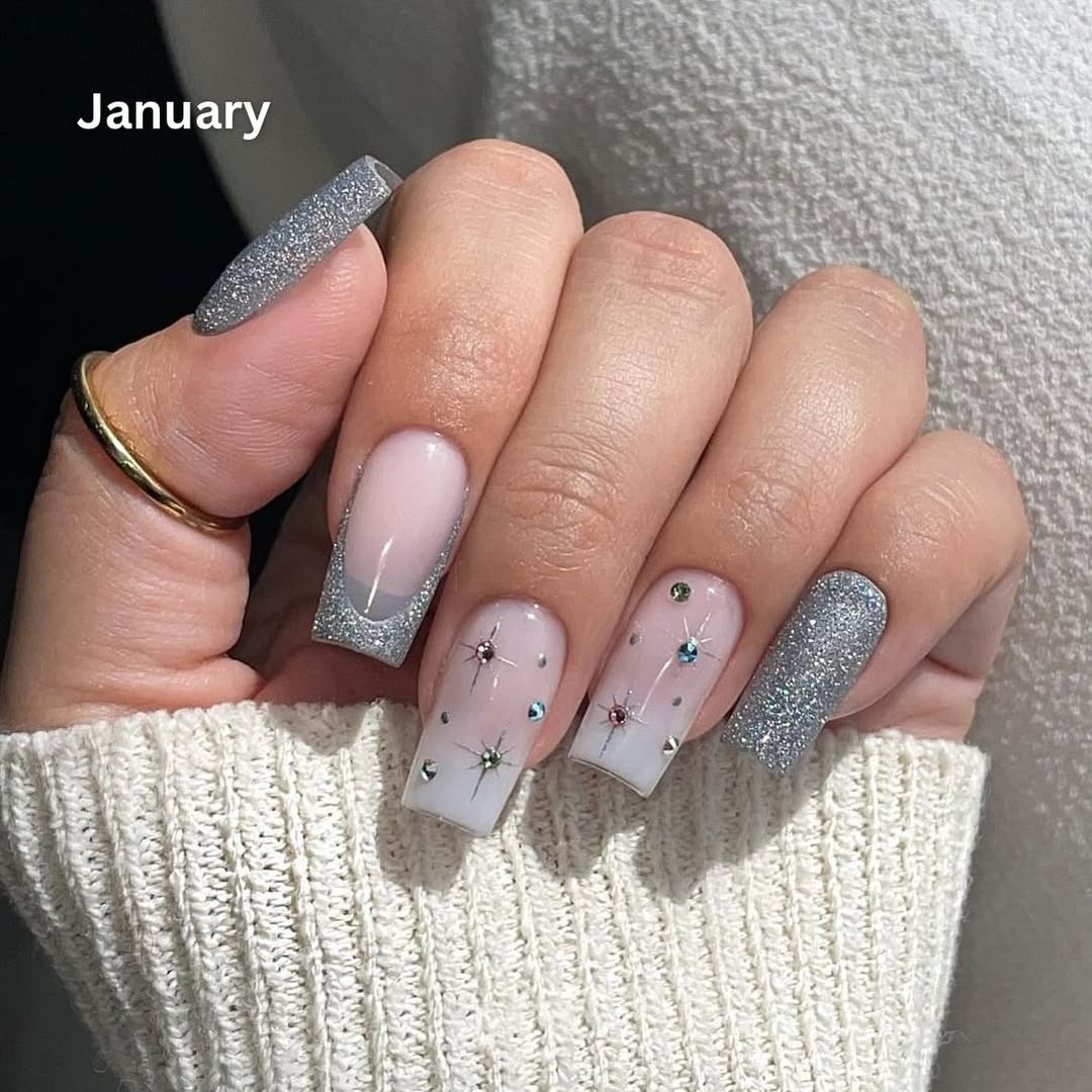 Silver Glitter Pink French Tip Nails Silver Glitter Pink French Tip Nails — Winter Coffin Nails 2027