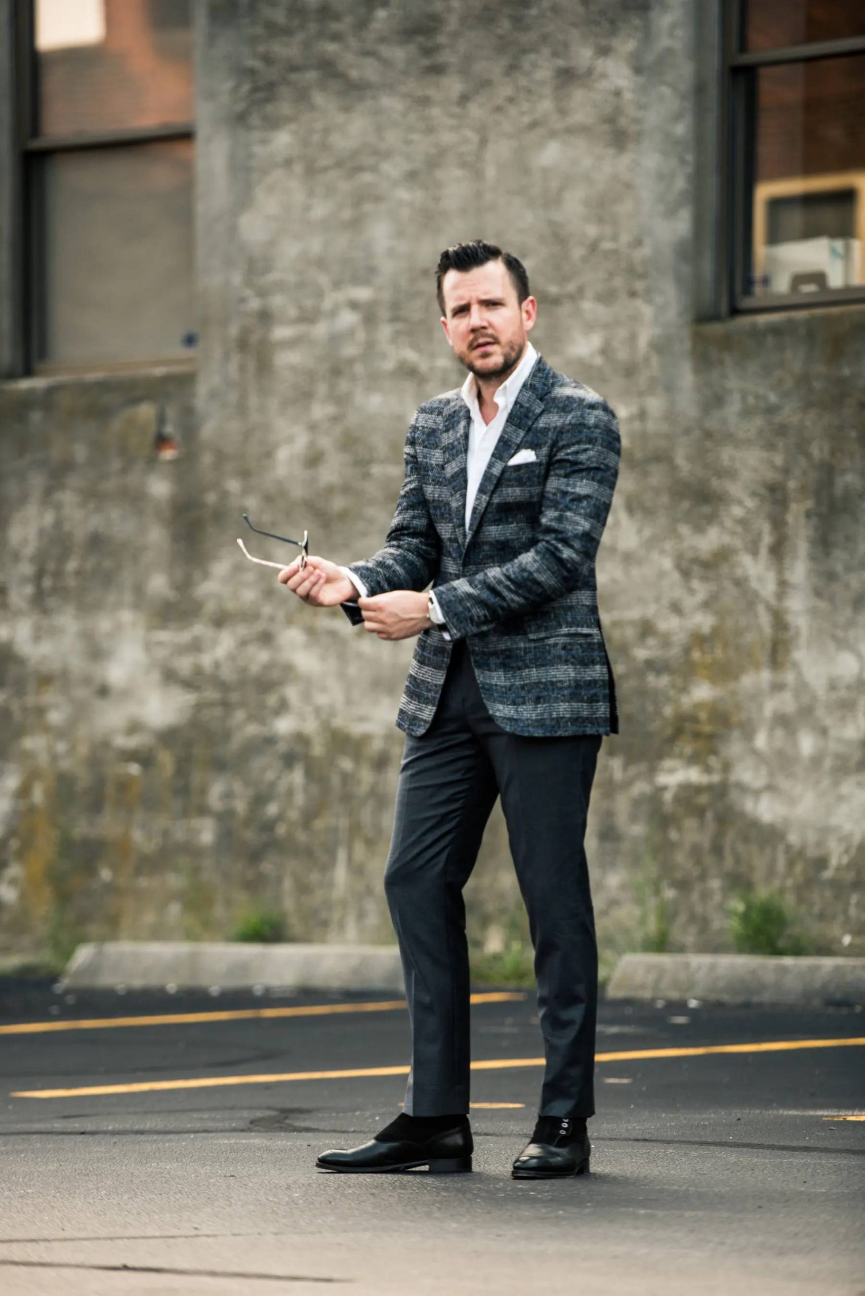 Charcoal Trousers: Smart Casual with Patterned Blazer Charcoal Trousers: Smart Casual with Patterned Blazer — Charcoal Outfits 2027
