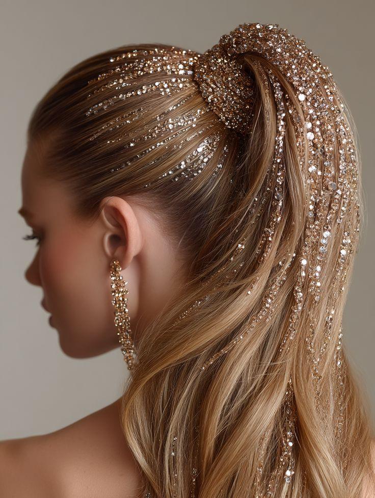 High Ponytail with Glitter and Accessories — Holiday Party Hairstyles 2026