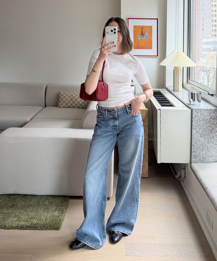 Light Blue Wide-Leg Jeans Paired with a Fitted White Crew-Neck T-Shirt Light Blue Wide-Leg Jeans Paired with a Fitted White Crew-Neck T-Shirt — Spring Outfits 2027 with Jeans