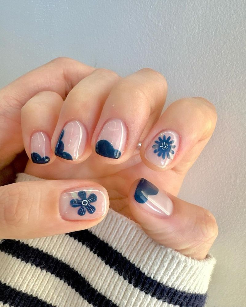 Dark Blue Floral French Short Natural Nails Dark Blue Floral French Short Natural Nails — Nails 2027 for Short Fingers