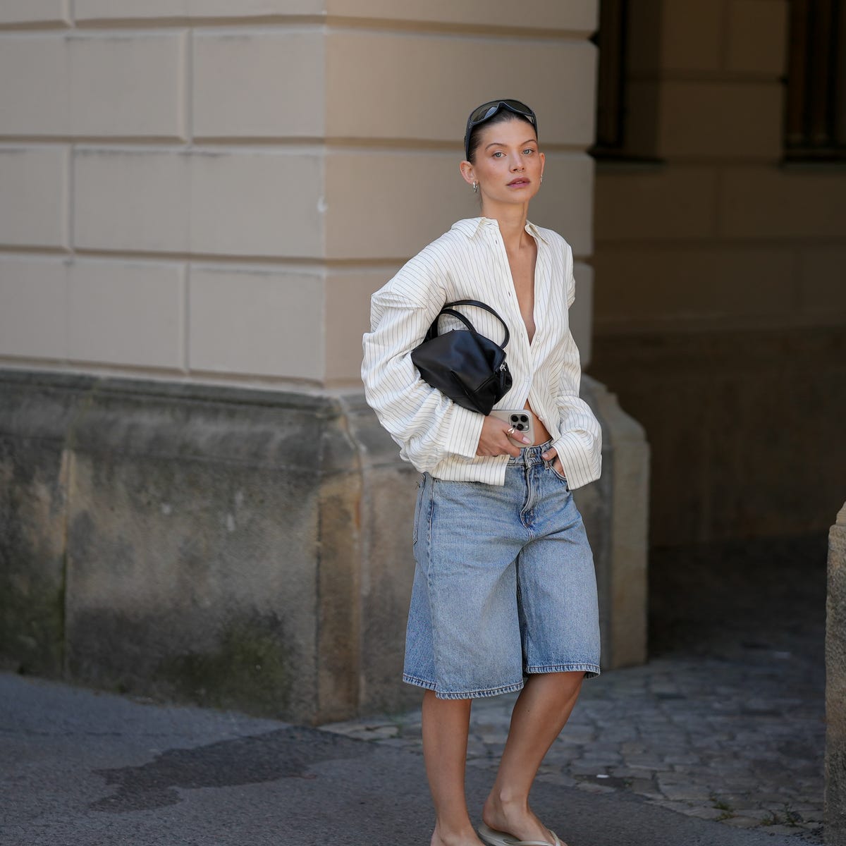 Light Wash Denim Bermuda Shorts with a Pinstripe Shirt Light Wash Denim Bermuda Shorts with a Pinstripe Shirt — Jean Shorts Outfits 2027