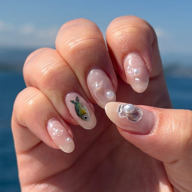Fish Illustration Milky Oval Nails — Coastal Nails 2027