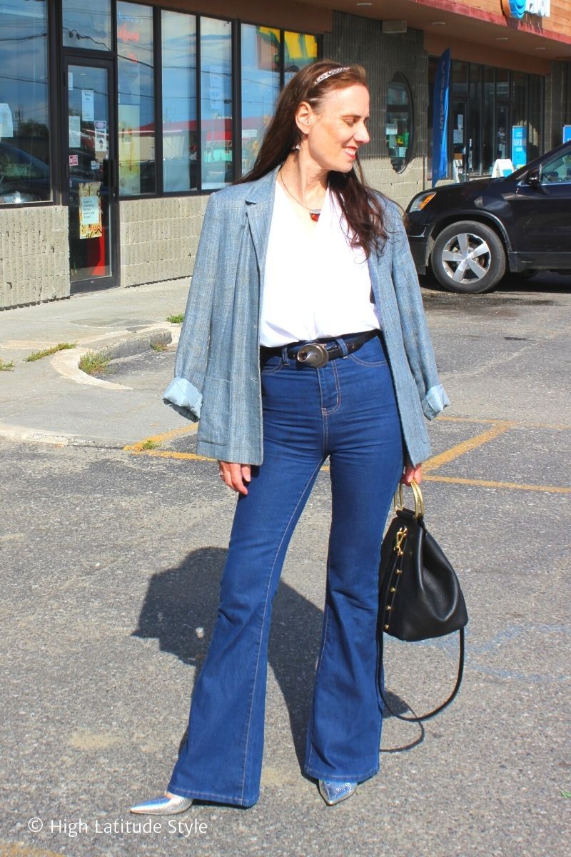 Flare Jeans with Draped Tweed Blazer Flare Jeans with Draped Tweed Blazer — Classic Americana Outfits 2027