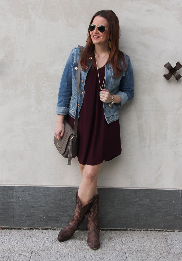 Burgundy Swing Dress with Denim Jacket and Cowboy Boots Burgundy Swing Dress with Denim Jacket and Cowboy Boots — Rodeo Outfits 2027