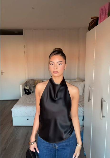 Black Satin Halter Top with Draped Neckline and Denim — Satin Top Outfits 2027