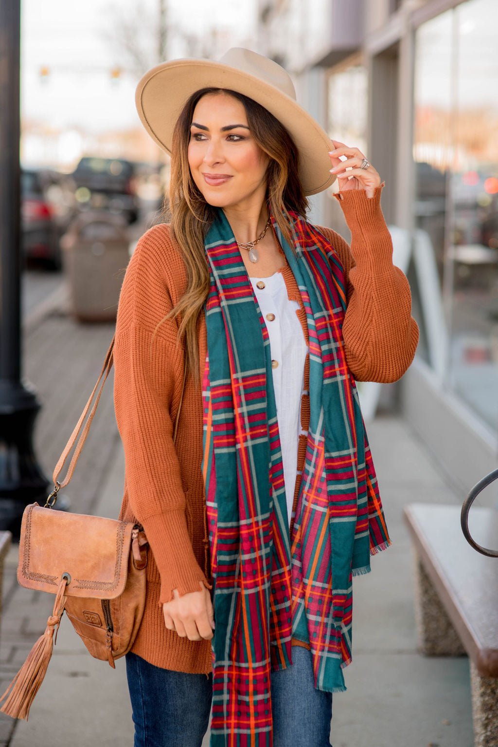 Orange Cardigan and Plaid Scarf Casual Combo Orange Cardigan and Plaid Scarf Casual Combo — Winter Colorful Outfits 2027