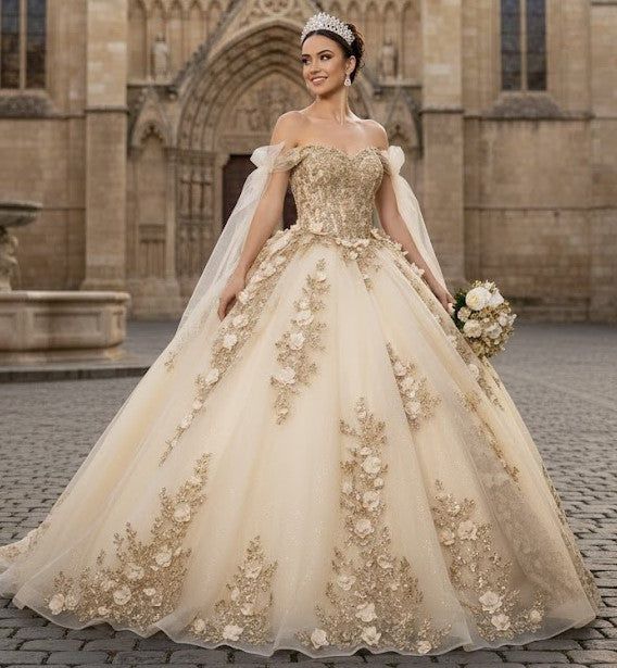 Champagne and Gold Ball Gown with Cape Sleeves and Floral Appliques — Champagne Quinceanera Dress 2027