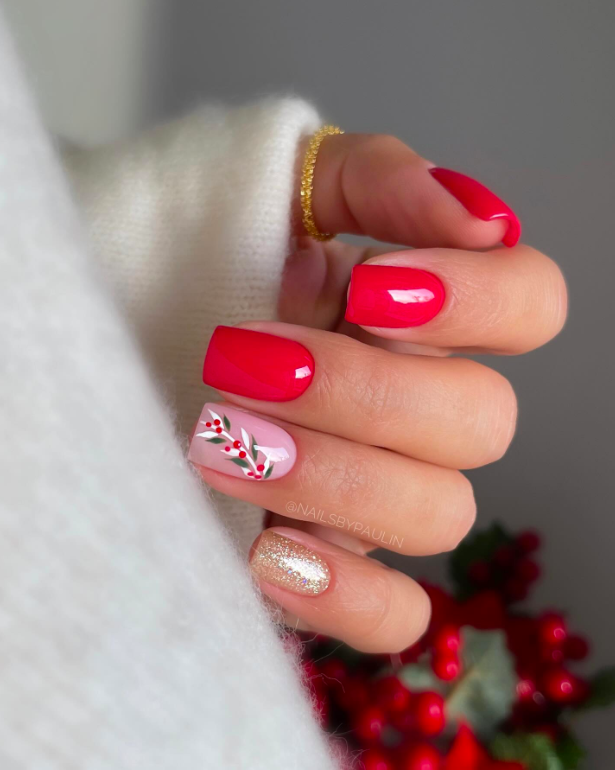 Bright Red with Holly and Gold Glitter — Short Christmas Nails 2026