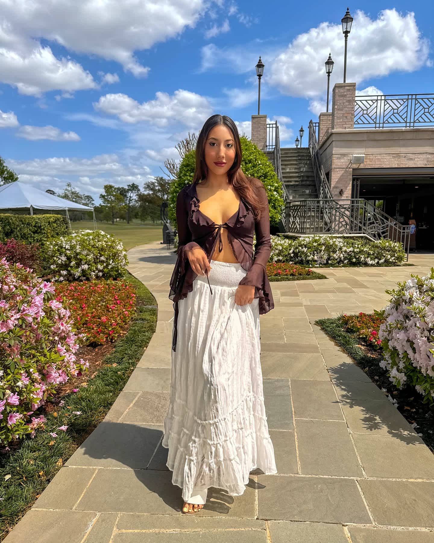 Tie-Front Blouse with White Tiered Skirt for Outdoors — Tiered Skirt Outfits 2027