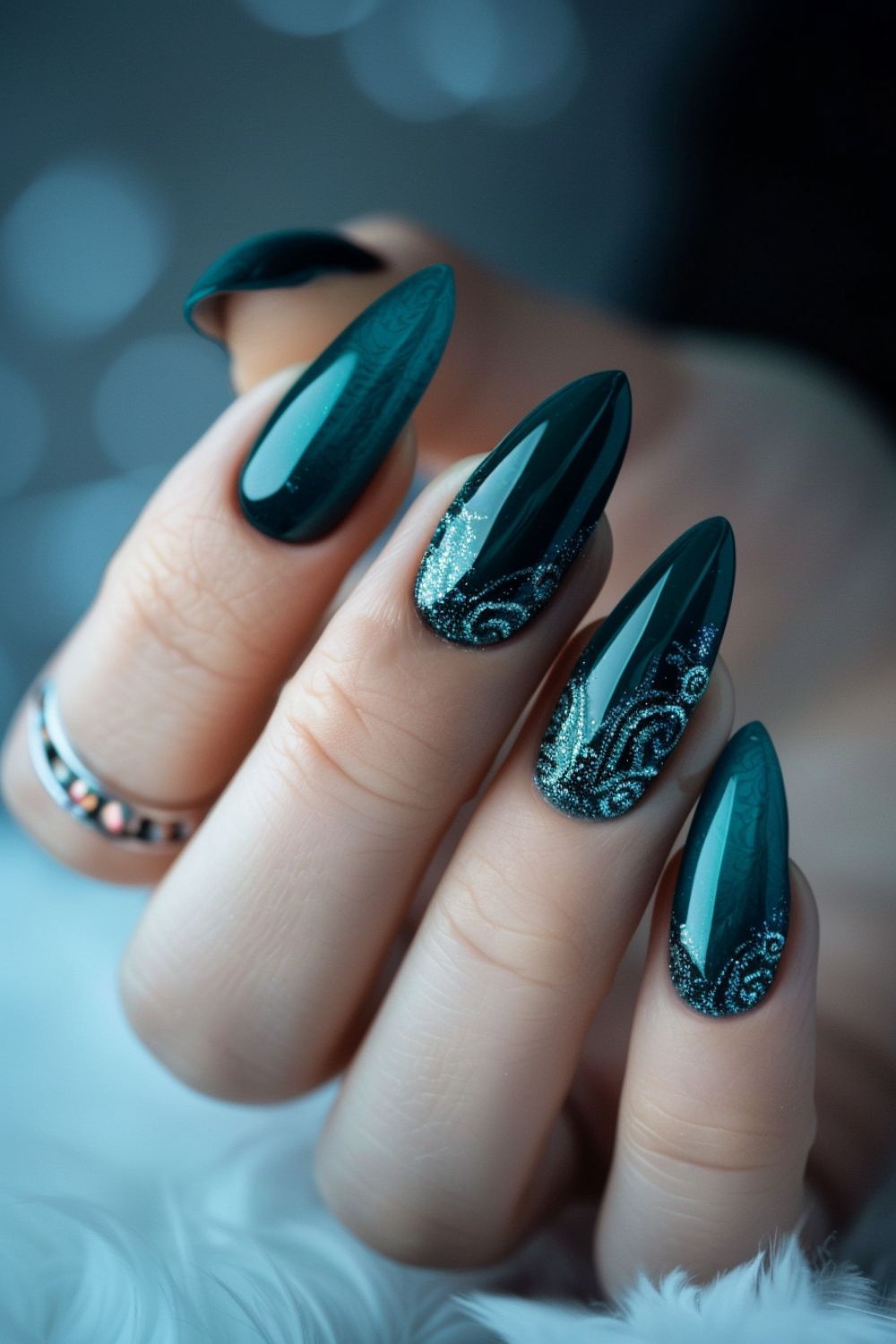 Jewel Toned Teal Stiletto Silver Foil Nails — Teal Nails 2027