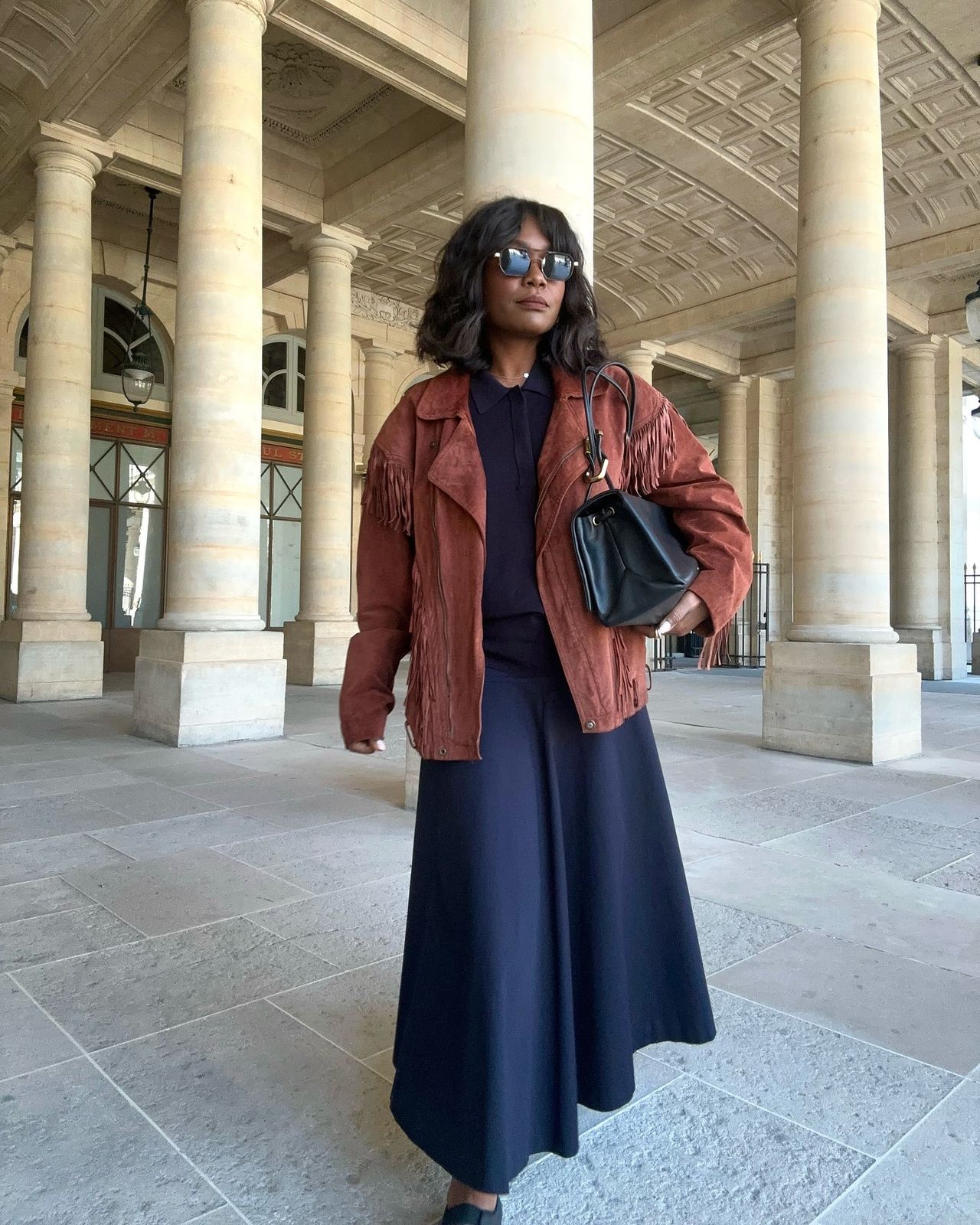 Polished Contrast: Rust Fringe Jacket with Navy Ensemble Polished Contrast: Rust Fringe Jacket with Navy Ensemble — Fringe Jacket Outfits 2027