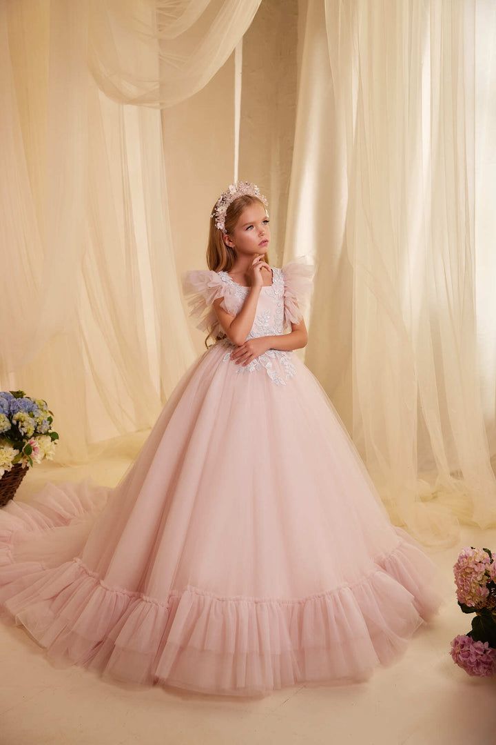 Pale Pink Tulle Ballgown with Ruffled Layers and Short Sleeves Pale Pink Tulle Ballgown with Ruffled Layers and Short Sleeves — Junior Bridesmaid Dress 2027