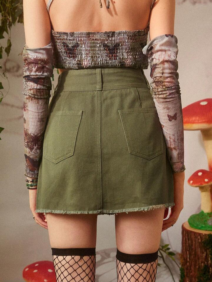 Olive Green Denim Skirt with Butterfly Print Mesh Tops — Fairycore Outfits 2027