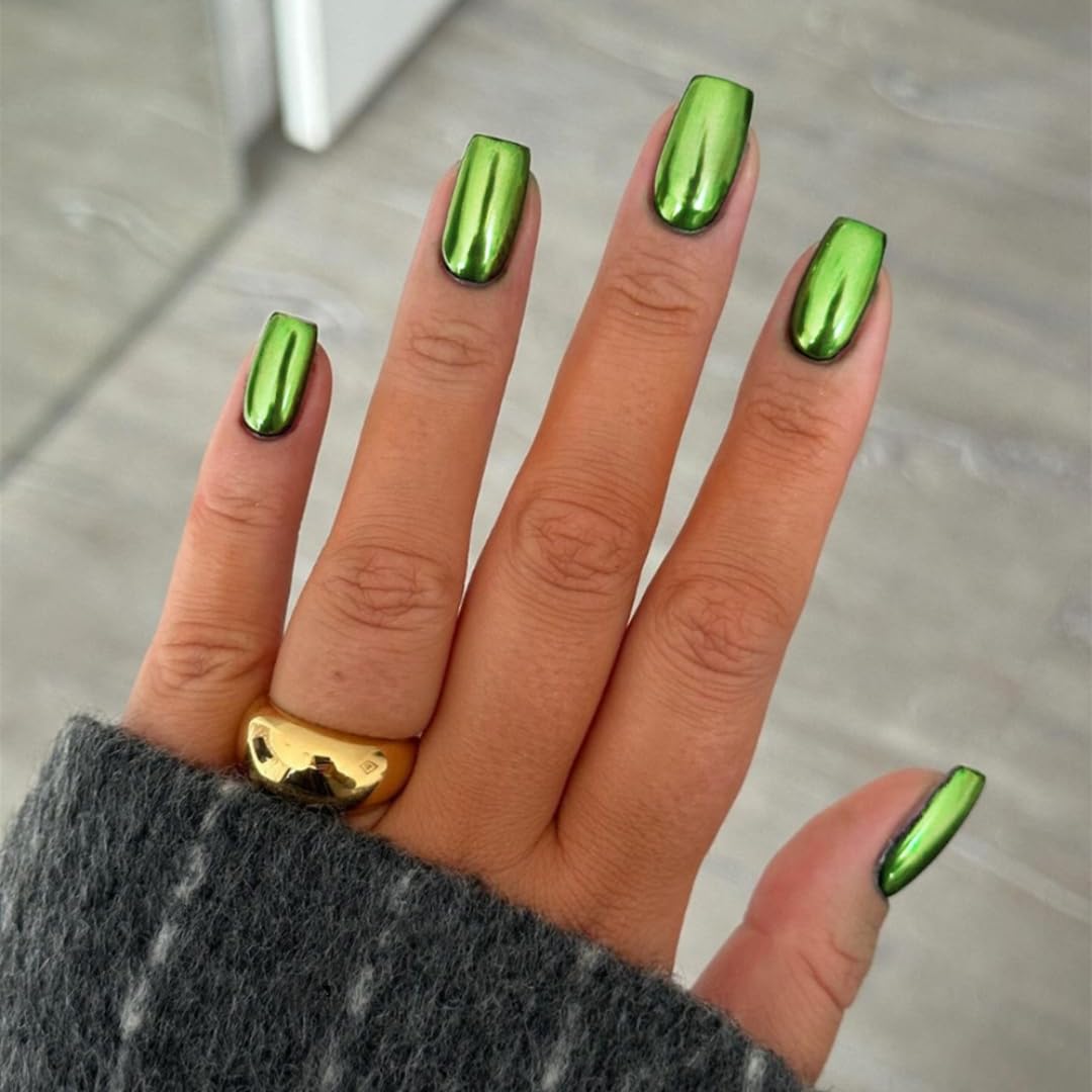 Neon Green Chrome Short Squares Neon Green Chrome Short Squares — Green Chrome Nails 2027