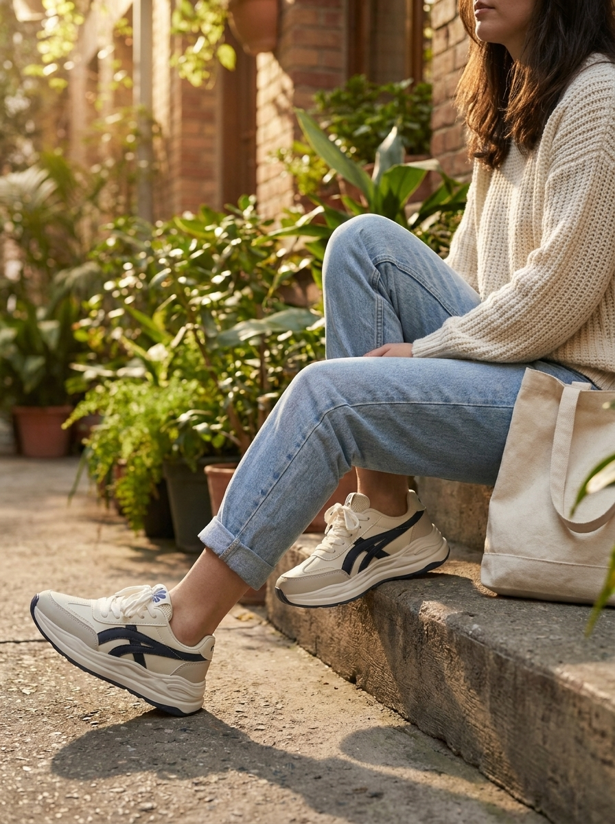 Classic Casual: Off-White Sneakers with Cable-Knit and Cuffed Jeans Classic Casual: Off-White Sneakers with Cable-Knit and Cuffed Jeans — Retro Sneakers Outfits 2027