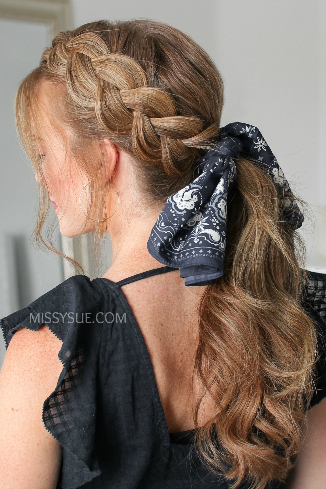 Medium Brown Braid-Ponytail With Bandana Medium Brown Braid-Ponytail With Bandana — Scarf Hairstyles 2027