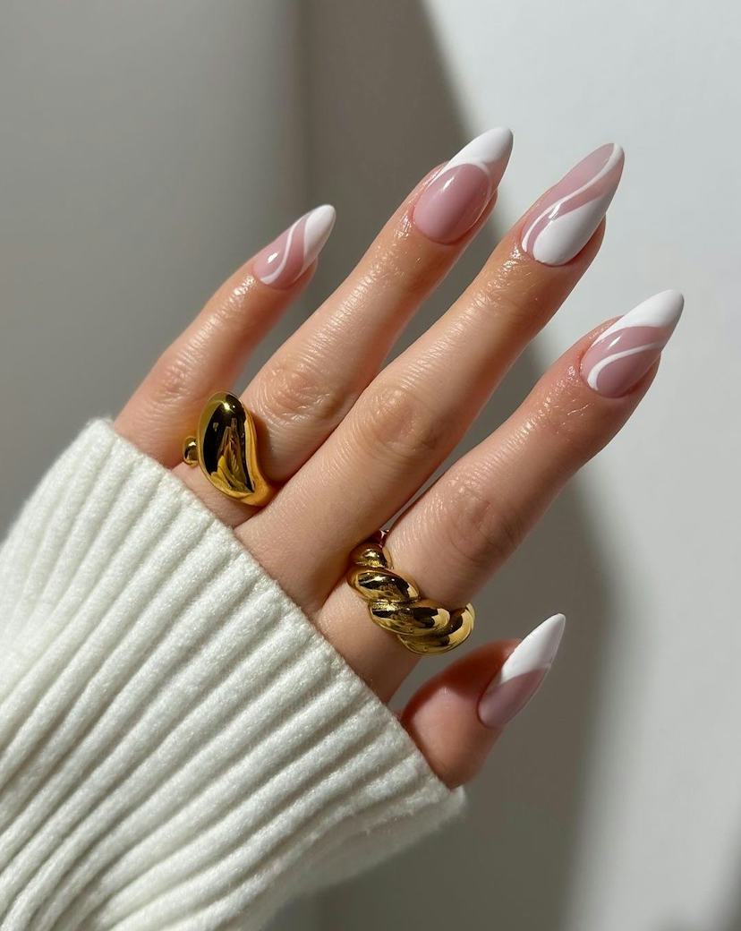 Long Stiletto Swirl Accent French Long Stiletto Swirl Accent French — White French Tip Nails 2027