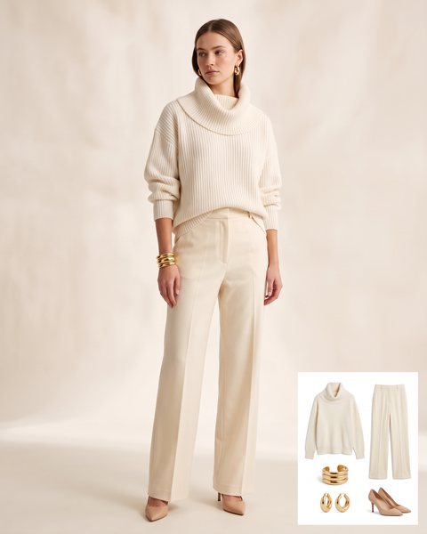 Cream Ribbed Knit Cowl Neck Sweater and Trousers Cream Ribbed Knit Cowl Neck Sweater and Trousers — Glamoratti Outfits 2027