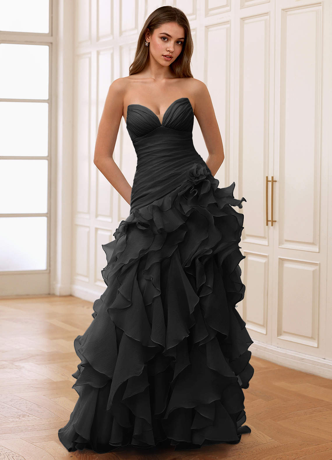 Black Strapless Gown with Cascading Ruffled Chiffon Skirt Black Strapless Gown with Cascading Ruffled Chiffon Skirt — Black Prom Dresses 2027