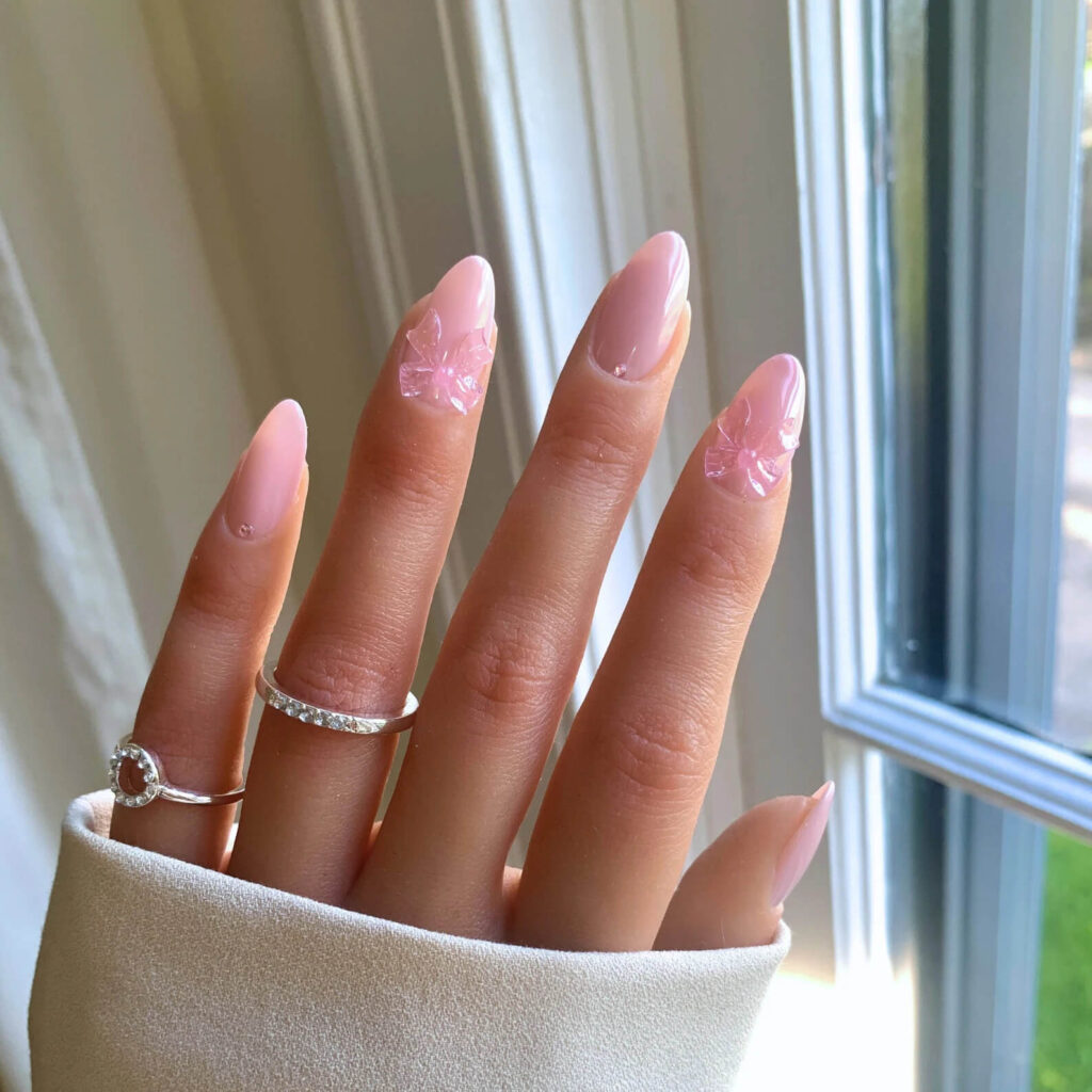 Sheer Pink Almond with Transparent Bows — Pink Bow Nails 2027