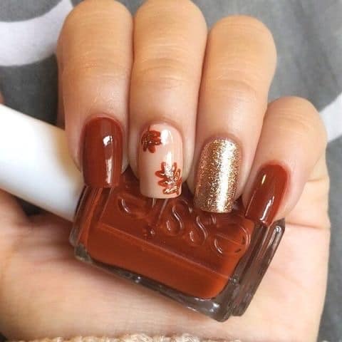 Burnt Orange with Leaf and Glitter Accents — Simple Thanksgiving Nails 2026