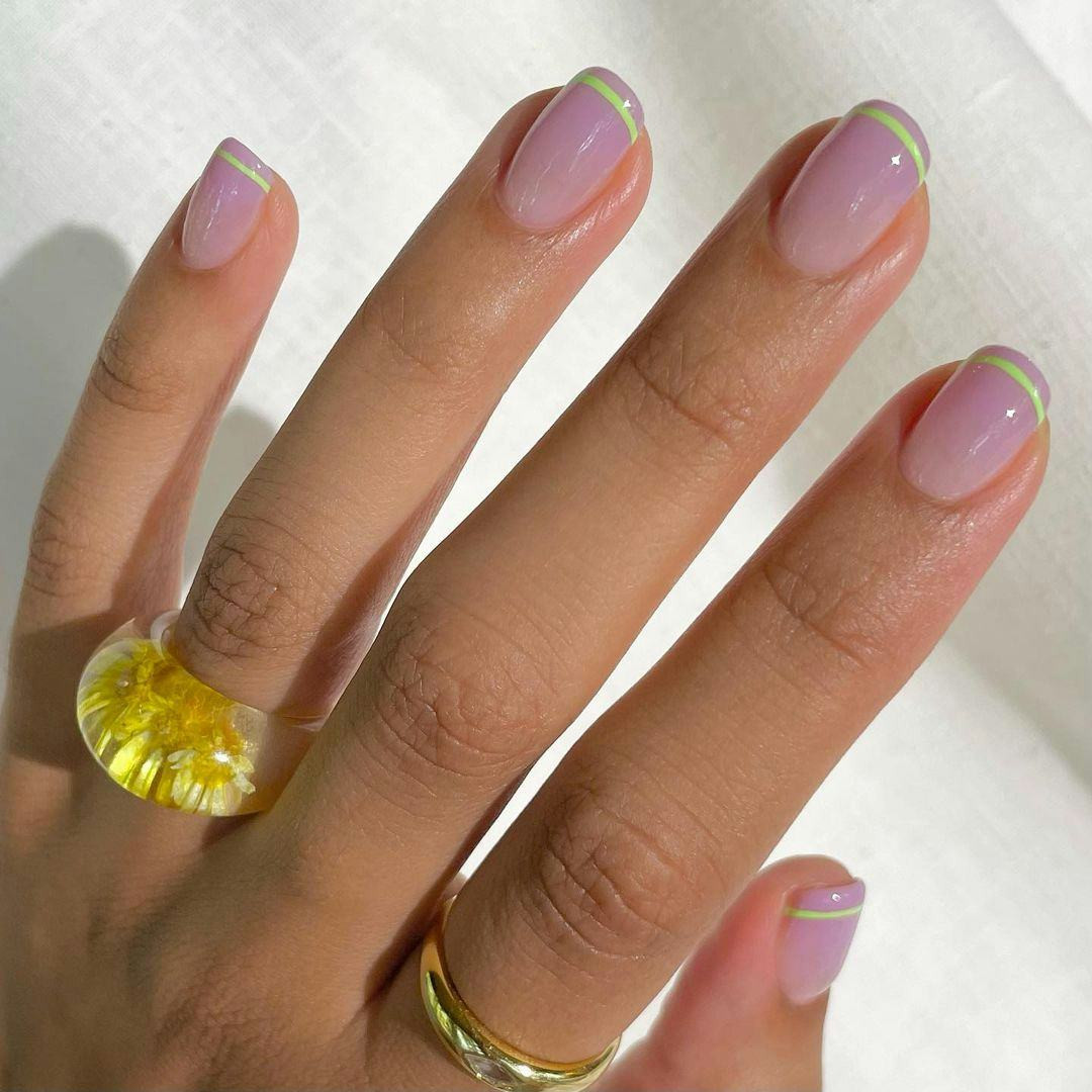 Sheer Pink with Neon Green Micro French Sheer Pink with Neon Green Micro French — Short Micro French Tip Nails 2027