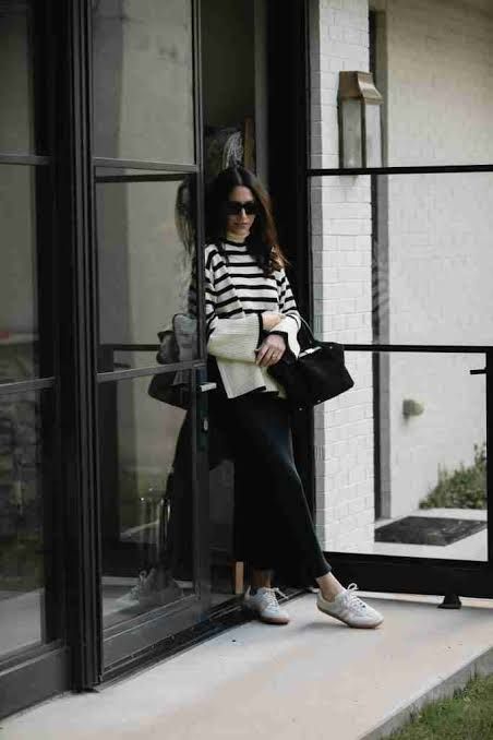 Classic Black and White Striped Top with Wide-Leg Skirt — Winter Minimalist Outfits 2027