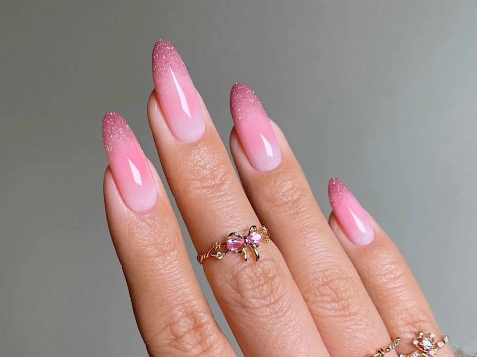 Glossy With Glitter Visual Idea Glossy With Glitter Visual Idea — Long Almond Pink Nails Ideas 2027