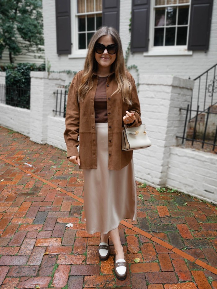 Smart Casual: Brown Suede Shacket with Satin Skirt — Shacket Outfits 2027