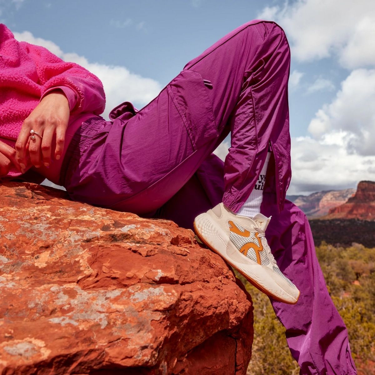 Athletic Casual Vibrant Purple Cargo Pants with Pink Fleece Jacket — Athletic Hiking Outfits 2027