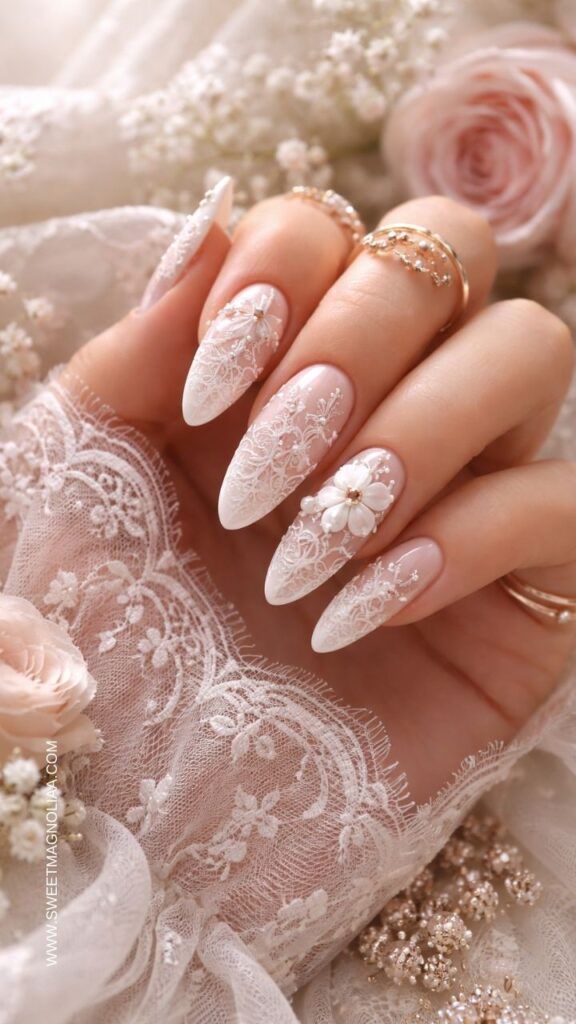 Long Almond with Lace and 3D Floral — Floral Wedding Nails 2027