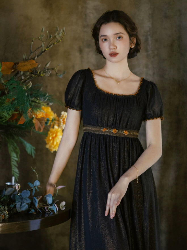 Shimmering Empire Waist Dress with Floral Embroidery Shimmering Empire Waist Dress with Floral Embroidery — Dark Romantic Outfits 2027