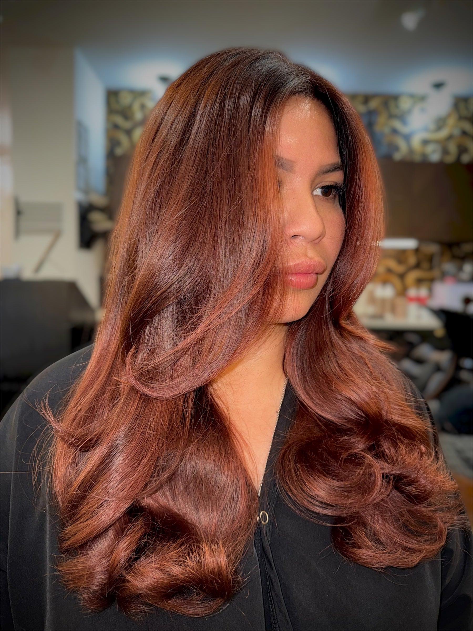 Medium Brown Waves With Auburn Curtain Bangs — Burnished Brunette 2027