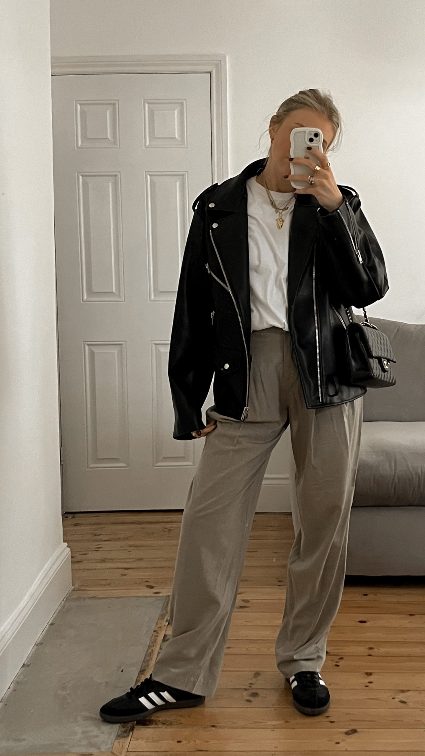 Leather Biker Jacket and Wide-Leg Trousers with Black Adidas Samba Leather Biker Jacket and Wide-Leg Trousers with Black Adidas Samba — Adidas Samba Spring Outfits 2027