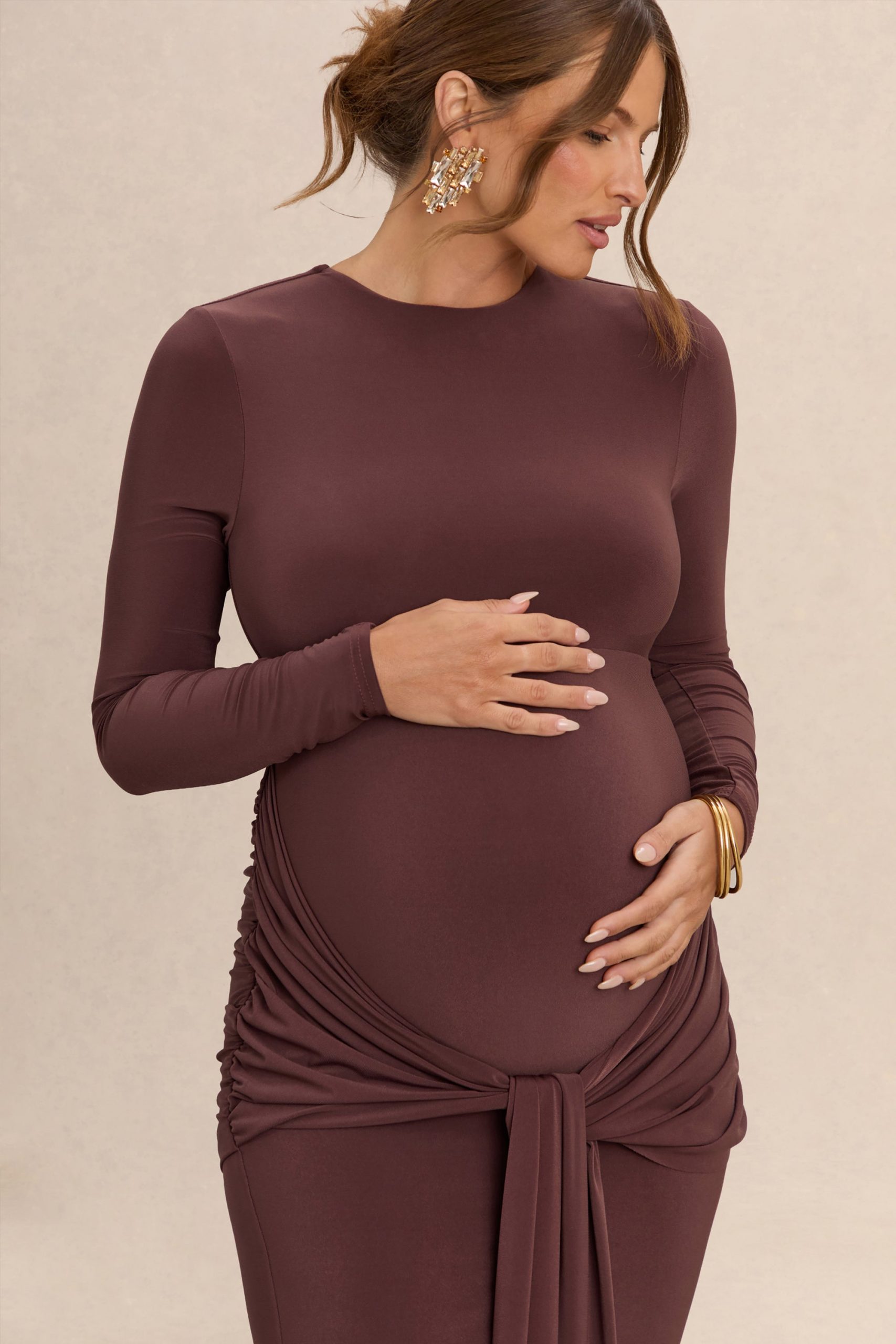 Brown Ruched Maternity Maxi Dress with Knot Detail Brown Ruched Maternity Maxi Dress with Knot Detail — Maternity Dresses 2027