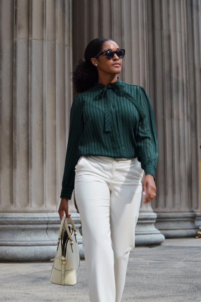 Dark Green Striped Puff Sleeve Blouse with Pussy-Bow and Cream Trousers Dark Green Striped Puff Sleeve Blouse with Pussy-Bow and Cream Trousers — Puff Sleeve Blouse Outfits 2027