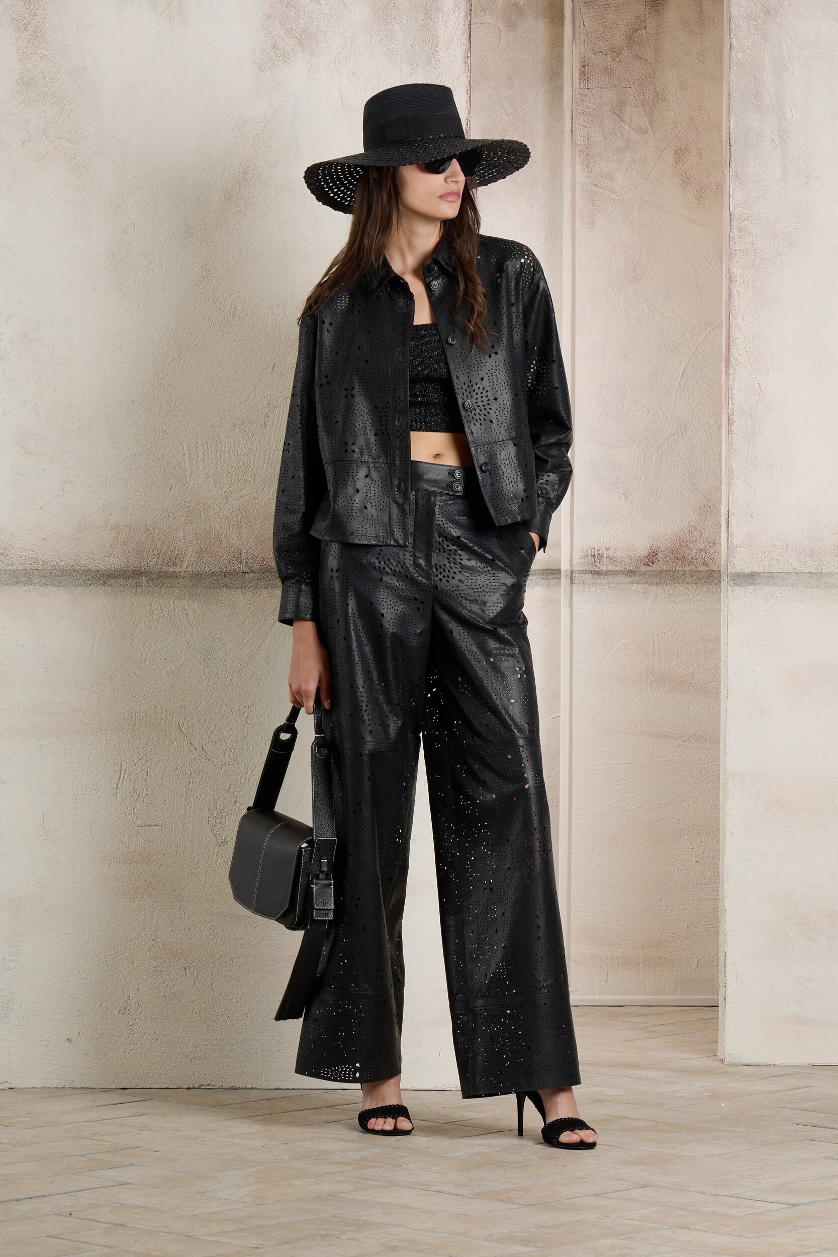 Monochromatic Edgy: Perforated Leather Set with Wide-Leg Pants Monochromatic Edgy: Perforated Leather Set with Wide-Leg Pants — Leather Pants Outfits 2027
