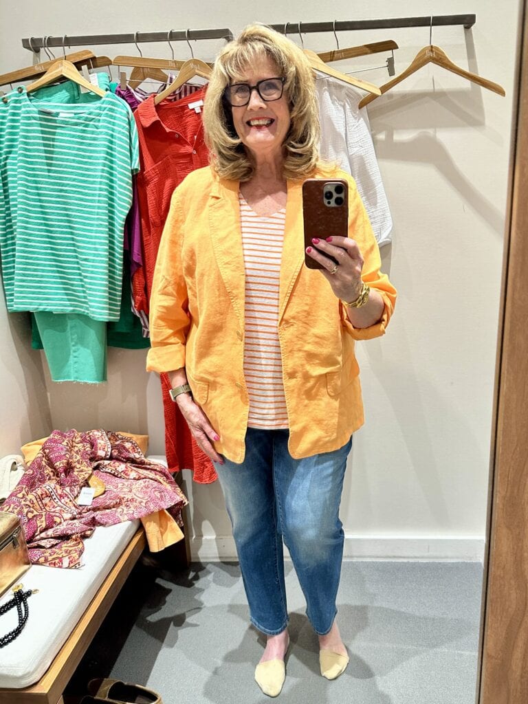 Bright Orange Blazer and Striped Tee: Casual Chic Combination — Outfits 2027 for Women Over 60