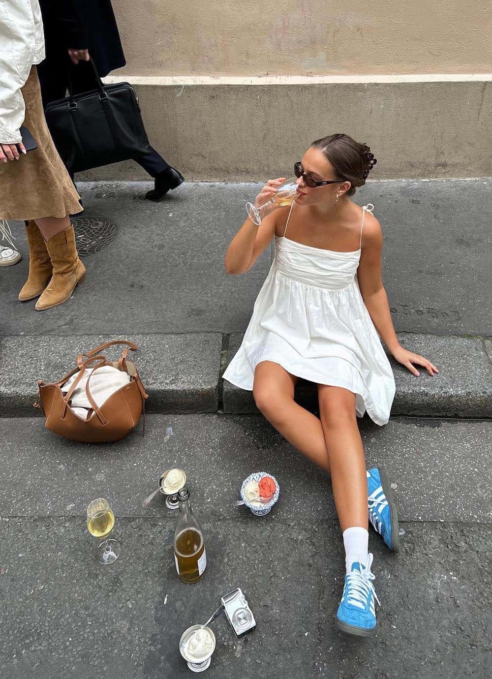Ruched Mini Dress with Blue Sneakers for a European Getaway — Summer Europe Outfits 2027