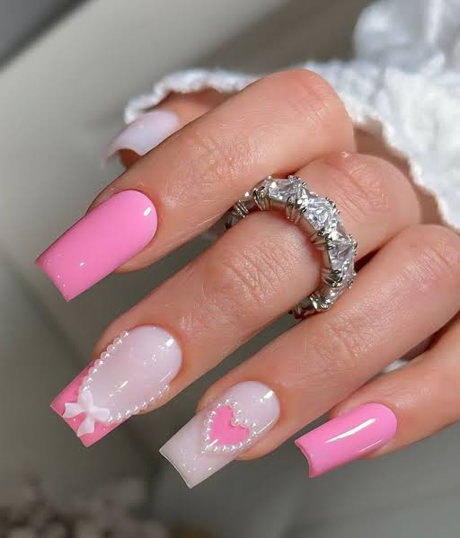 Hot Pink Milky White Bow Pearl Accent Nails Hot Pink Milky White Bow Pearl Accent Nails — Valentines Coffin Nails 2027