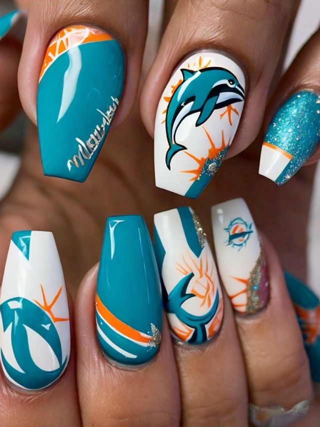 Teal And Orange Glitter Sports Nails Teal And Orange Glitter Sports Nails — Miami Nails 2027