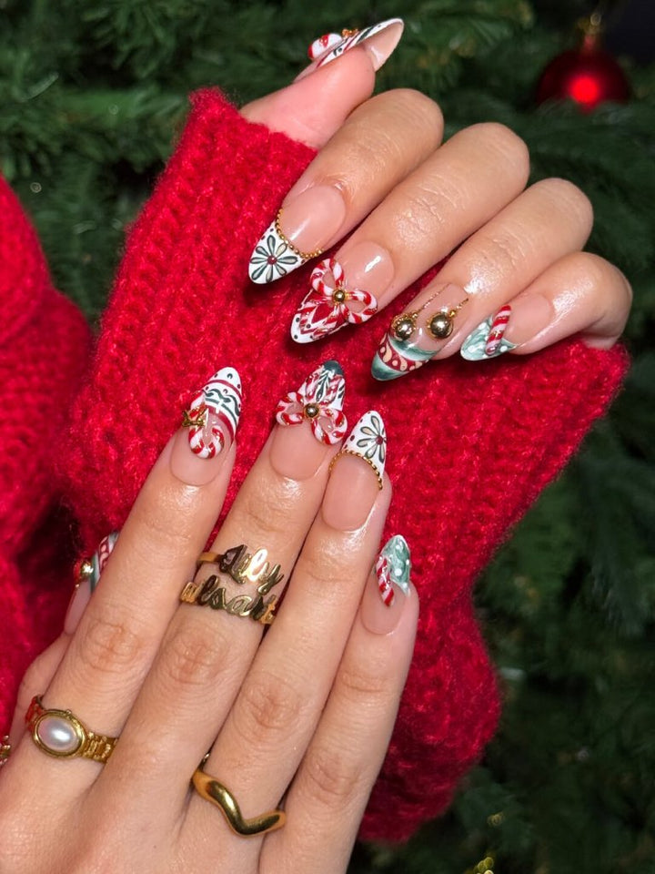 3D Christmas Charm Almond French Tips — Long Christmas Nails 2026