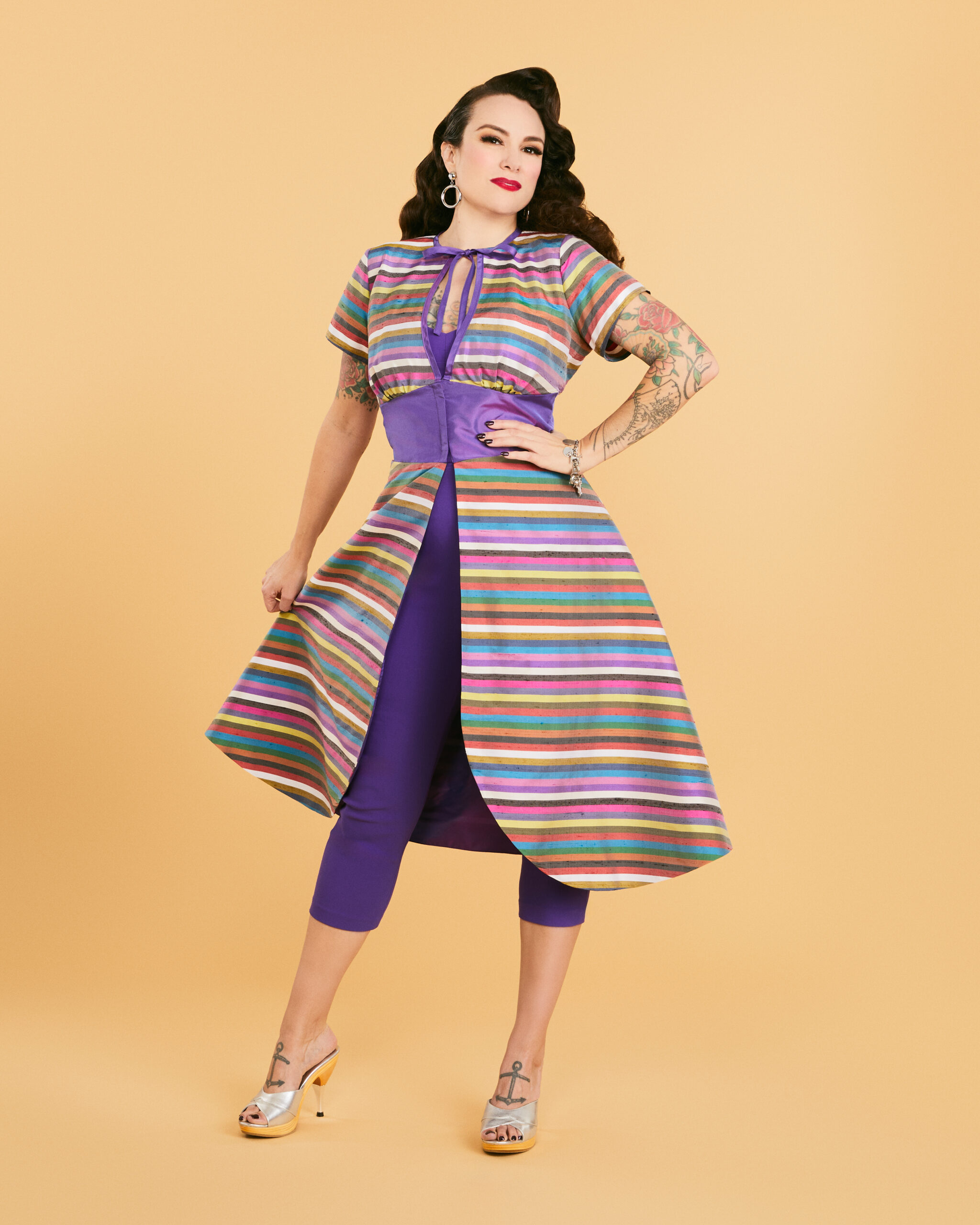 Multicolor Striped Jacket with Capri Pants for a Festive Look Multicolor Striped Jacket with Capri Pants for a Festive Look — Hostess Outfits 2027
