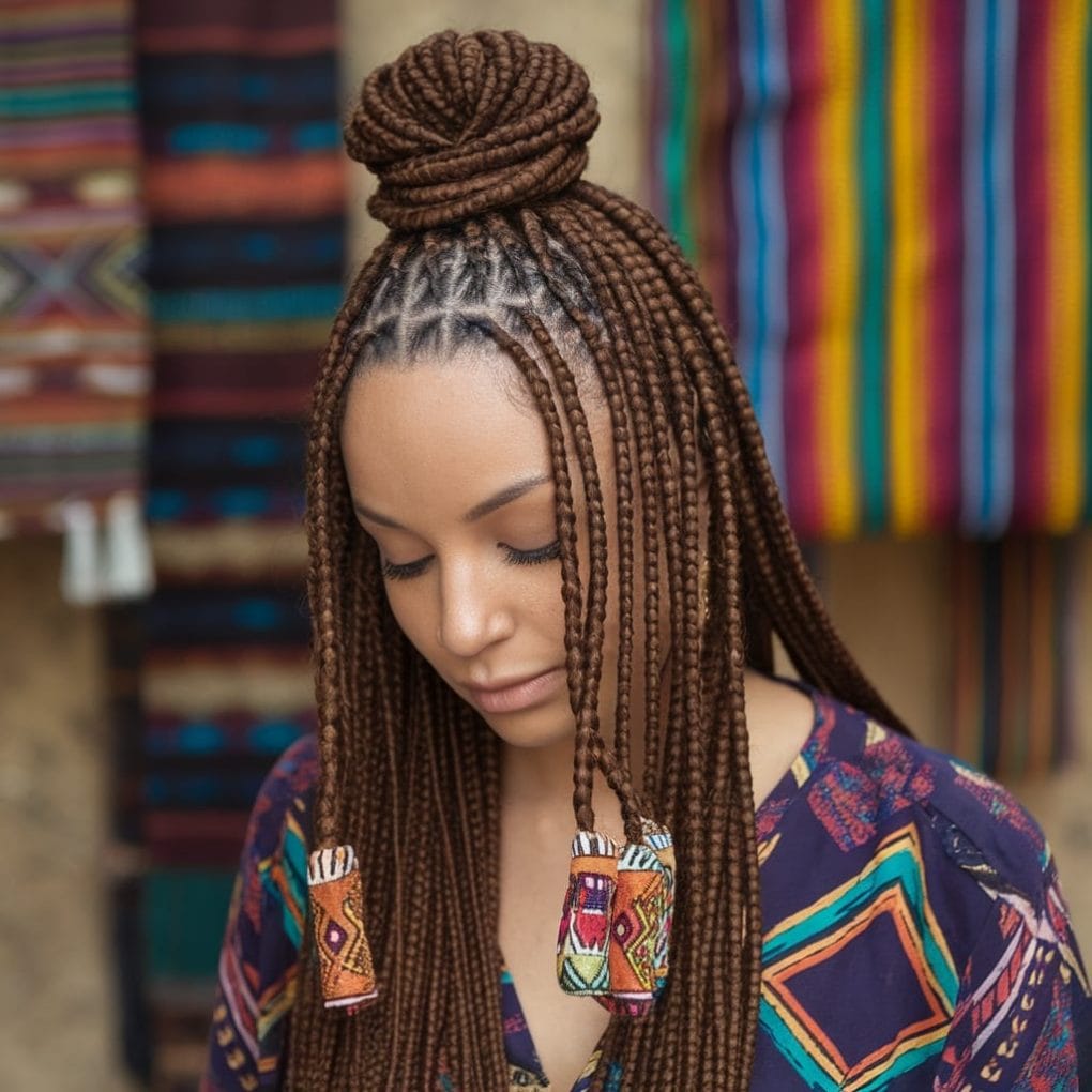 Brown Braided Bun With Decorative Beads — Knotless Braids 2027 for Prom